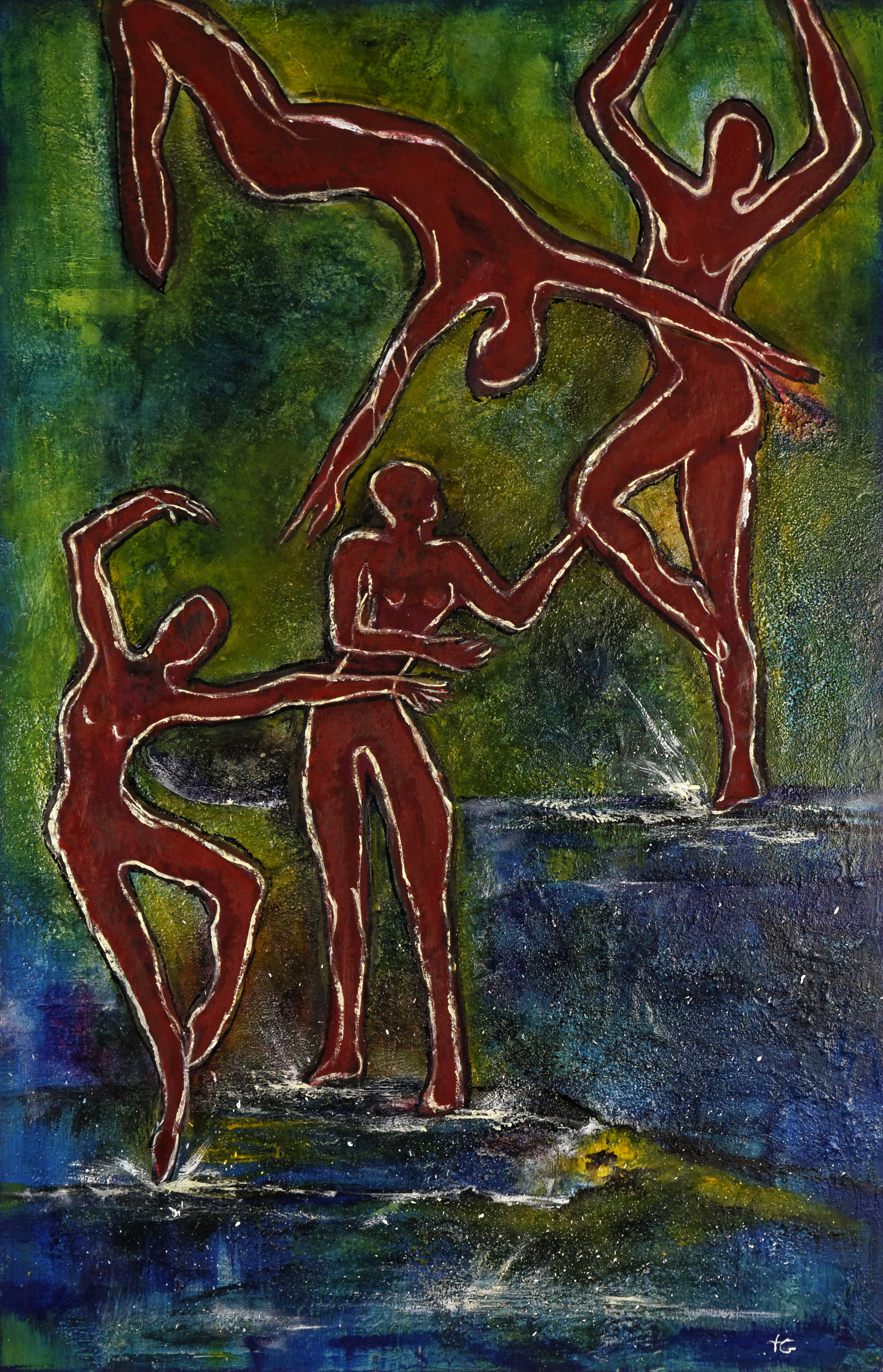 Tanz auf dem Wasser, Textile Collage, 75 x 115 cm.