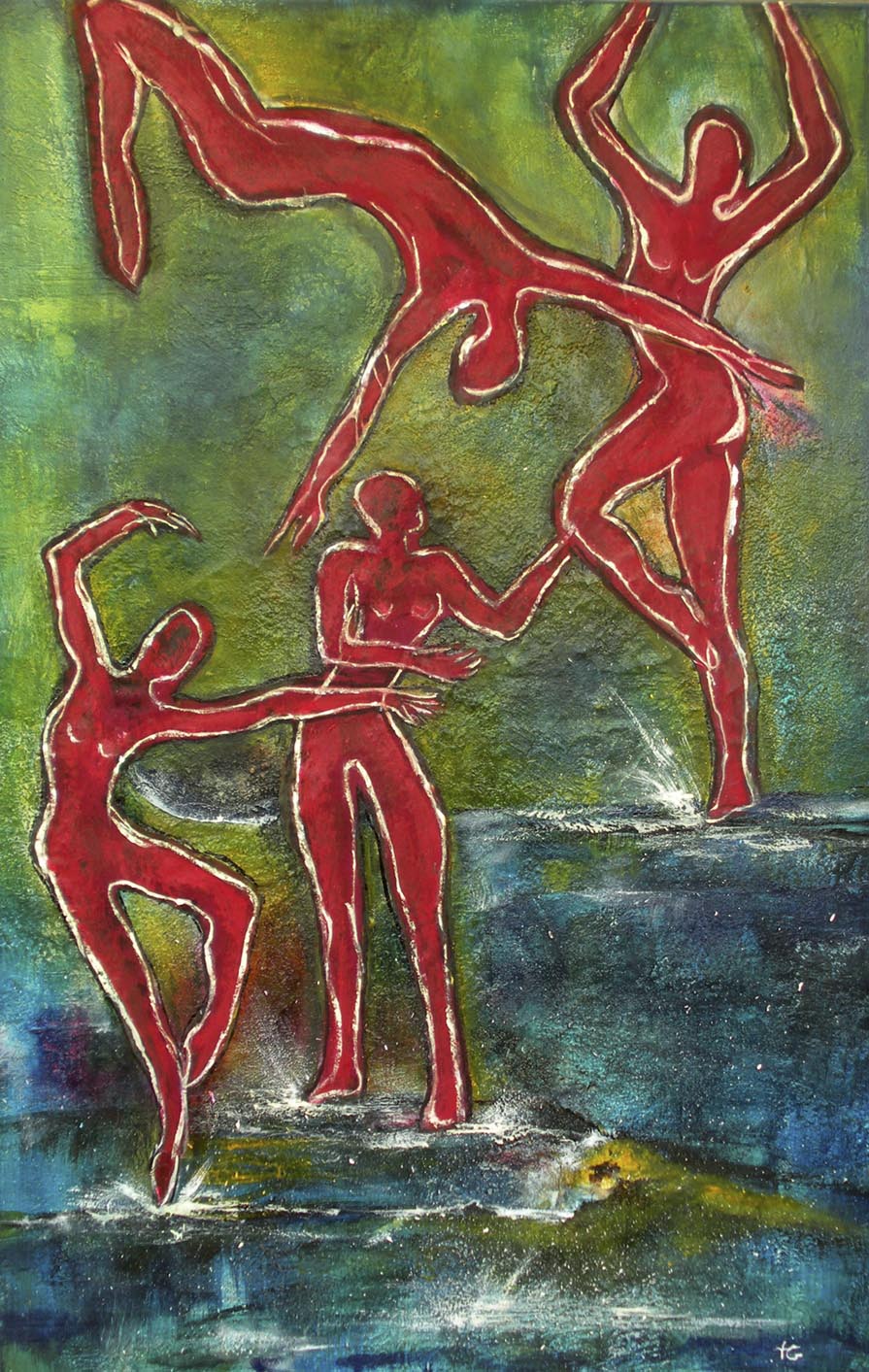 Tanz auf dem Wasser, Textilcollage, 75 x 115 cm.